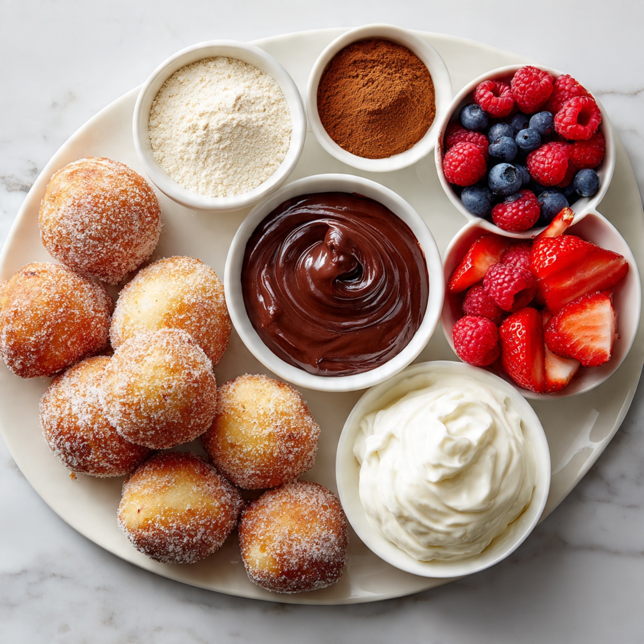 The image shows a white oval plate with seven round, golden-brown donut holes dusted with powder sugar on the left side. Around the plate, there are five small white bowls arranged in a loose circle on a white marbled surface. The top left bowl contains light beige flour, the top center bowl has brown cinnamon powder, and the top right bowl is filled with red raspberries and sliced strawberries. At the bottom center, a bowl holds thick, dark chocolate sauce with a smooth texture, while the bottom right bowl contains white, creamy whipped cream. Next to the whipped cream, there is a small bowl filled with mixed fresh berries including blueberries and raspberries. Photo taken with an iphone --ar 4:5 --v 7