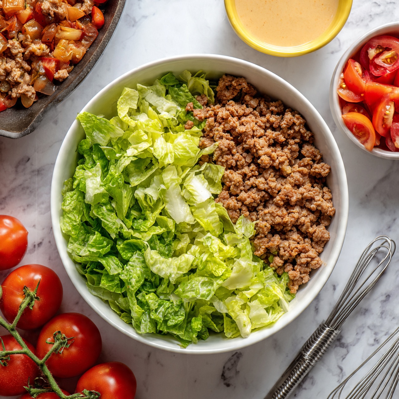 A white bowl sits on a white marbled surface, filled with two main layers: on the left and right sides, fresh, chopped green lettuce with a crisp texture; on top of the lettuce on the right side, a layer of cooked ground meat with a crumbly and slightly browned appearance. Around the bowl are bright red grape tomatoes on a vine at the bottom left, a yellow bowl partially visible with sliced tomatoes on the left edge, a bowl with creamy light brown sauce and a metal whisk at the top right, and a skillet with more cooked ground meat partially seen at the top left. photo taken with an iphone --ar 4:5 --v 7