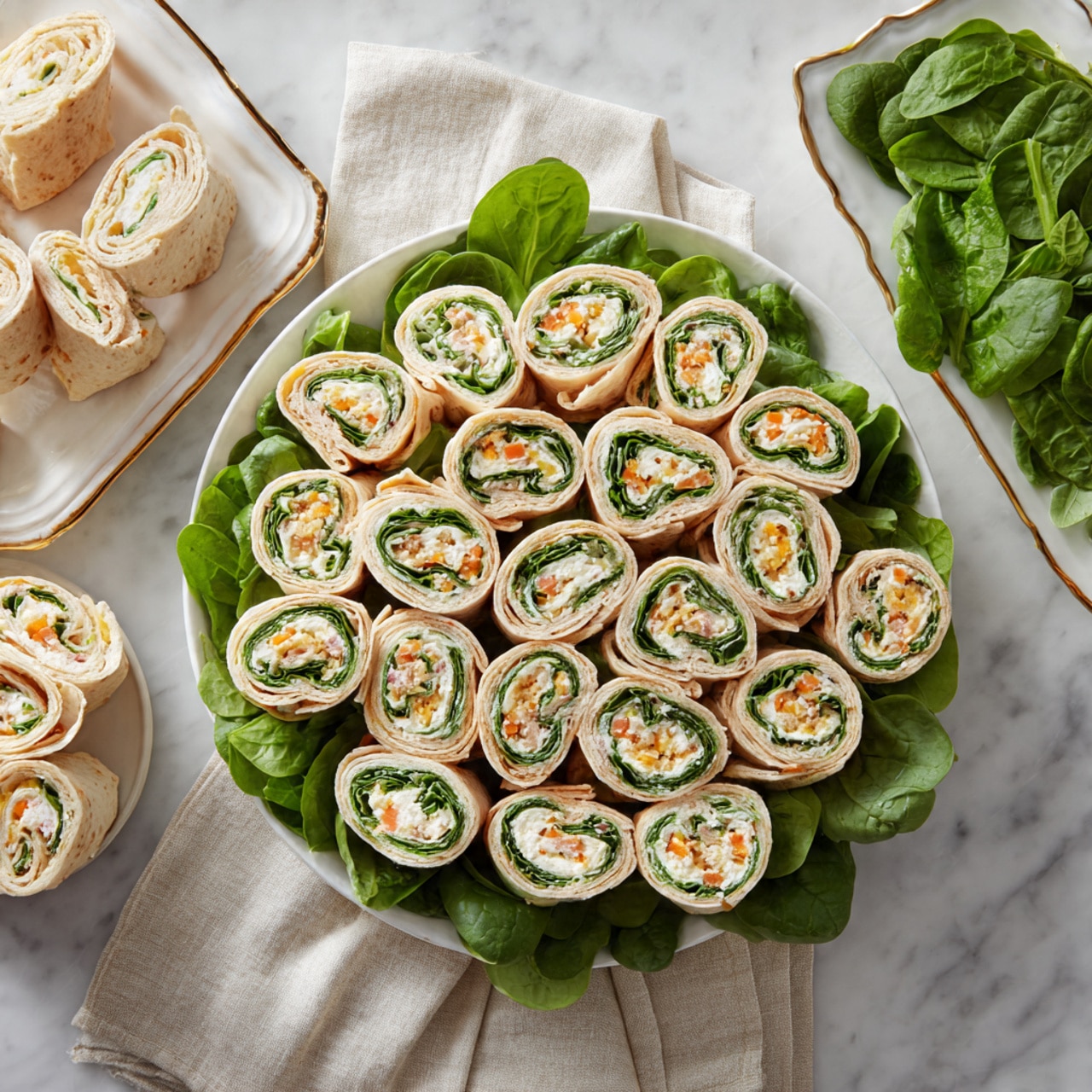 A large white fluted plate holds around twenty pinwheel wraps stacked casually over fresh green spinach leaves scattered as a base layer. Each wrap is light brown with a soft texture on the outside and shows a creamy white filling mixed with finely chopped orange bits, green leafy bits, and small pieces of a pale vegetable, rolled tightly in spirals showing about three distinct layers: the wrap, a thin green layer, and the cream filling with bits inside. Around the plate, there is a light beige cloth napkin beneath, a few whole wraps stacked on the left, and a small white dish with a gold rim to the right holding more fresh bright green spinach leaves. The whole setup sits on a white marbled surface. Photo taken with an iphone --ar 4:5 --v 7
