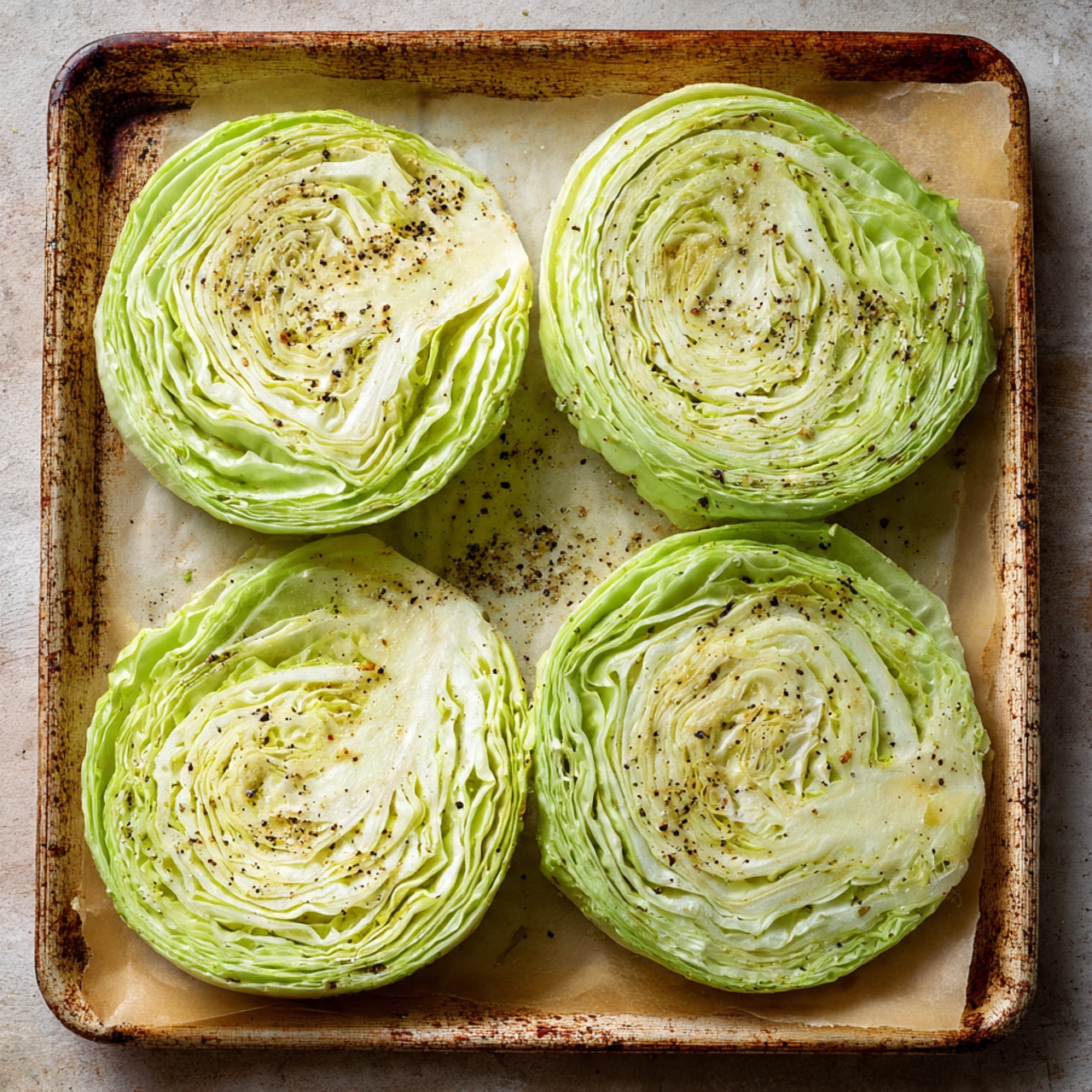 The image shows four thick, round slices of pale green cabbage arranged on a light brown baking tray lined with parchment paper. Each cabbage slice reveals tightly packed, textured layers with visible veins. The surfaces of the slices are lightly brushed with oil and sprinkled with coarse black pepper and salt, giving a slightly shiny and seasoned look. The edges of some slices curl gently outward, showing fresh, crinkled leaves beneath. The tray edges appear aged with dark spots and a rustic look, and soft natural light highlights the moist texture of the cabbage. Photo taken with an iphone --ar 4:5 --v 7