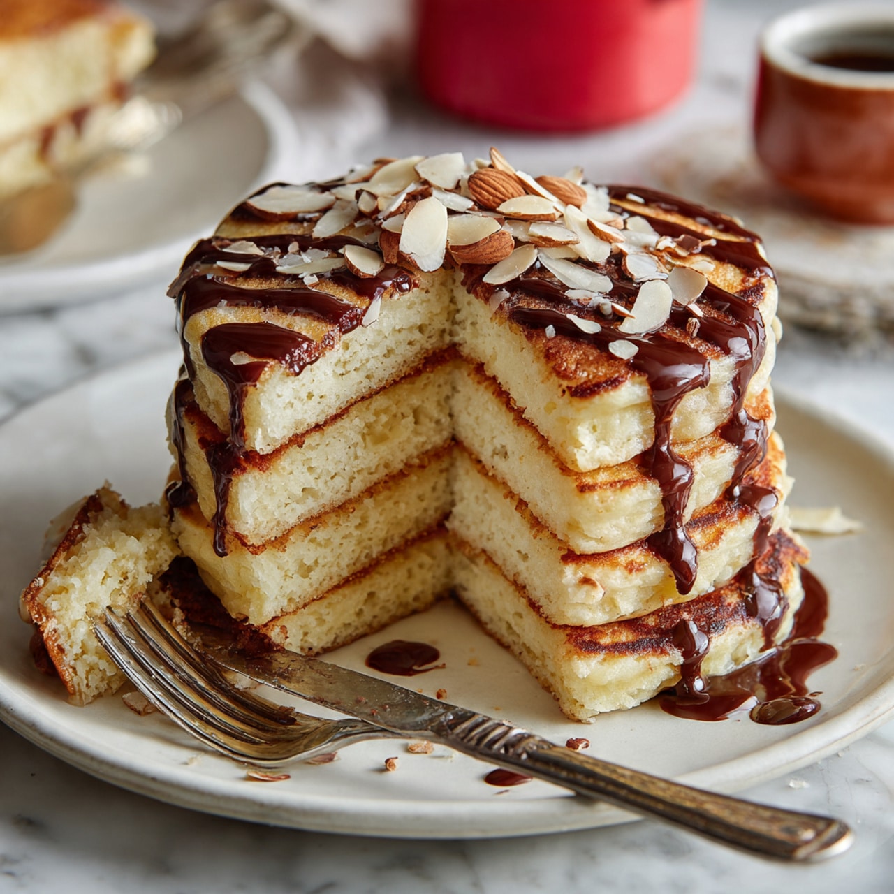 A stack of four thick, fluffy pancakes sits in the center of a white plate on a white marbled surface. Each pancake is light golden brown with a soft, airy texture visible on the sides. The top pancake is drizzled with dark chocolate syrup in stripes and sprinkled with chopped almonds, adding a crunchy look. A fork holds a few thin pancake slices in the front left, while a knife lies diagonally in front on the plate, with some chocolate syrup on its blade. The background includes blurred elements, such as a small red pot and other kitchen items, creating a warm breakfast setting. Photo taken with an iphone --ar 4:5 --v 7