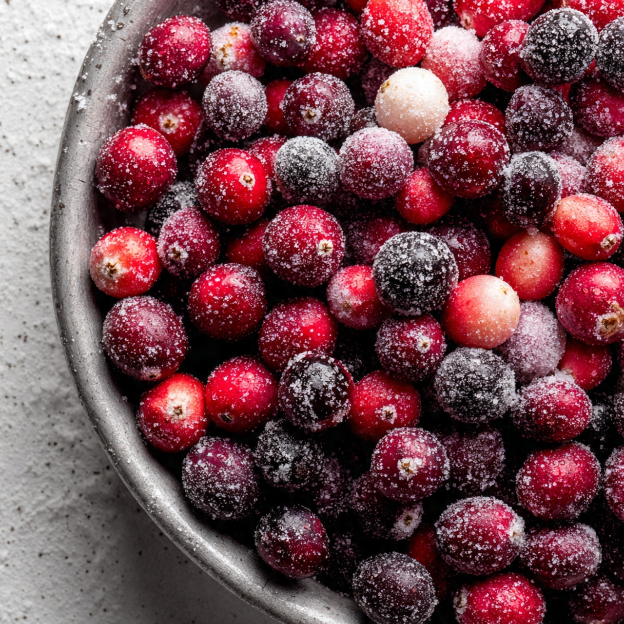 A large metal bowl holds a mix of small, round cranberries in different shades of red and deep purple. They are sprinkled with a layer of white granulated sugar, some visible as fine crystals on the surface of the berries and some piled in the middle. The cranberries and sugar fill about half the bowl, showing the slightly worn texture inside the bowl. The whole scene sits on a white marbled surface. Photo taken with an iphone --ar 4:5 --v 7