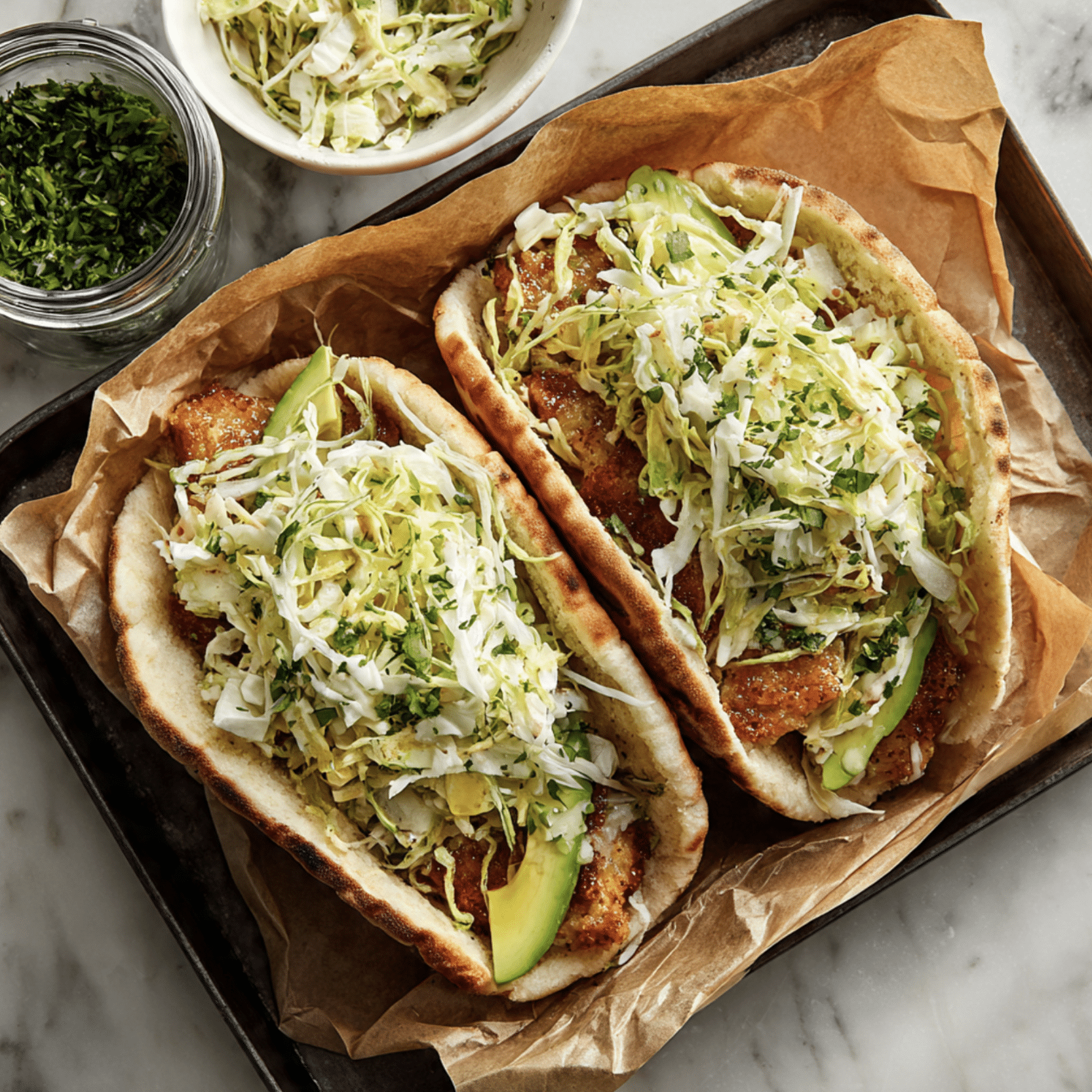 Sheet Pan Chicken Pitas with Herby Ranch Slaw Recipe