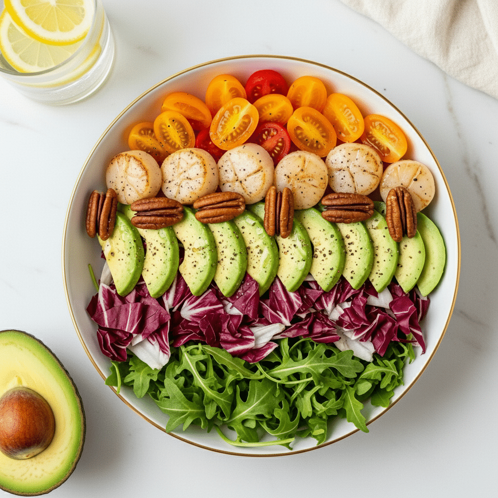 A white plate with a gold rim holds a salad divided into four sections on a bed of mixed dark green and purple leafy greens. On the top left, there are glossy brown pecans. The top right has green avocado slices layered closely together showing their smooth texture. The bottom right contains round white slices of hearts of palm piled up thickly. The bottom left has a small pile of shiny roasted cherry tomatoes in a rich orange-red color. Next to the plate on a white marbled surface is a clear glass small jug with brown dressing inside. A soft gray cloth is partially visible on the left side. Photo taken with an iphone --ar 4:5 --v 7