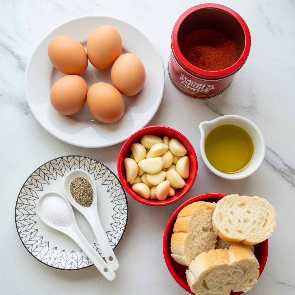 The image shows several cooking ingredients arranged on a white marbled surface. There is a white plate holding four light brown eggs in the upper left. To the right, a red tin container of smoked paprika powder sits. Below the eggs, a small white plate with a black zigzag pattern holds two white ceramic spoons, one with salt and the other with pepper. Near the center, a small red bowl is filled with peeled garlic cloves. To the right of the garlic, a small white cup holds golden olive oil. At the bottom right corner, a red bowl contains several slices of white bread. The overall colors are warm and natural, with white dishware contrasting the red bowls and orange tones. Photo taken with an iphone --ar 4:5 --v 7