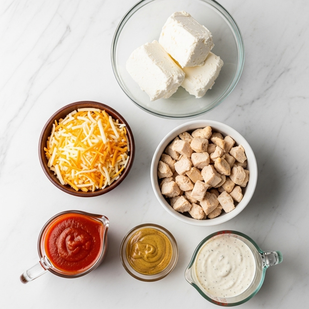 The image shows six containers placed on a white marbled surface, each holding a different cooking ingredient. At the top right, there is a clear glass bowl filled with two large blocks of soft white cream cheese. Below that, a white bowl contains chopped cooked chicken pieces with light brown edges and beige centers. To the left of the chicken, a small brown bowl is full of mixed shredded cheese strands in pale yellow and deep orange colors. At the bottom left, a small clear glass pitcher holds bright red buffalo sauce, while next to it, a very small clear glass holds a thick brown honey mustard sauce. Completing the group, a clear glass measuring cup on the bottom right contains creamy white ranch dressing speckled with small black herbs. The layout is neat and visually balanced, with all items sharply focused and well lit. photo taken with an iphone --ar 4:5 --v 7