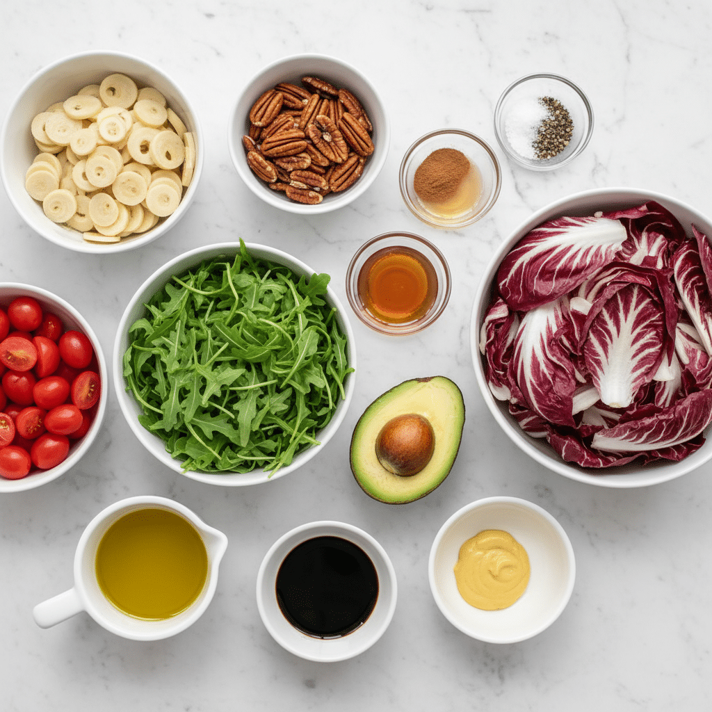 The image shows several small white bowls and a white measuring cup placed on a white marbled surface, each filled with different colorful salad ingredients. Starting at the top left, a bowl is filled with pale yellow sliced hearts of palm, next to it on the right is a bowl with whole pecans in brown tones. Below the pecans, a bowl of bright green baby arugula leaves sits to the right, and beneath that, another bowl filled with deep red and white radicchio leaves. To the left of the radicchio is half an avocado with a green outer skin and light green inside, positioned with the seed half on the right. Near the center, small containers hold cinnamon powder, maple syrup, honey, and salt with pepper. On the bottom left, a white measuring cup contains olive oil, and next to it is a small bowl of dark balsamic vinegar. Finally, halved bright red cherry tomatoes fill a bowl near the left edge, and a dollop of Dijon mustard adds a soft yellow color near the bottom. All elements are neatly arranged in a flat lay style with clear labels on each item. photo taken with an iphone --ar 4:5 --v 7