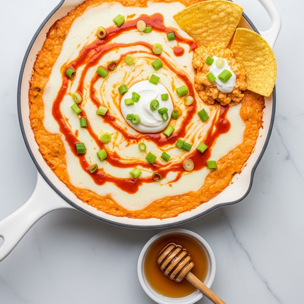The dish is presented in a white-handled skillet filled with a thick layer of creamy orange cheese dip topped with melted white cheese that has a smooth, slightly glossy texture. The surface is swirled with white sour cream and bright red hot sauce, creating a contrast of bold colors. Scattered on top are fresh green slices of green onions adding freshness. On one side, two golden-yellow tortilla chips are dipped partly into a chunky, lighter orange cheese and sour cream mix. Below, there is a small white bowl with honey and a wooden honey dipper resting inside it, set against a white marbled surface photo taken with an iphone --ar 4:5 --v 7