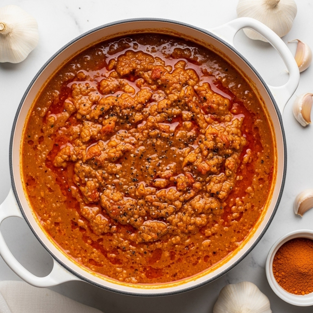 A white pot filled with a thick, bubbling stew that is mostly deep orange with hints of red and light brown, showing a rich, oily texture on top with small black pepper specks. The stew looks hearty with an uneven, chunky surface. The pot handle rests on a white marbled surface, with whole garlic bulbs nearby and a small white bowl of bright orange powder at the edge of the image. Photo taken with an iphone --ar 4:5 --v 7