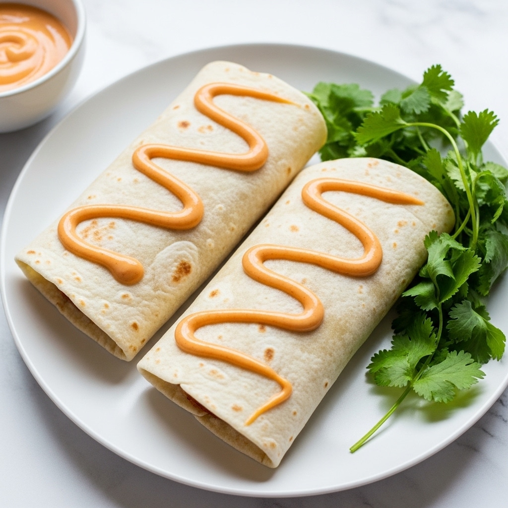 Two folded light beige tortillas rest on a white plate over a white marbled surface. They are arranged side by side, each drizzled with smooth, light orange sauce in curved lines across the top. To the right of the tortillas, fresh green cilantro leaves add color contrast. A small white bowl with the same orange sauce is partially visible near the top left corner. The image has soft lighting and simple composition. photo taken with an iphone --ar 4:5 --v 7