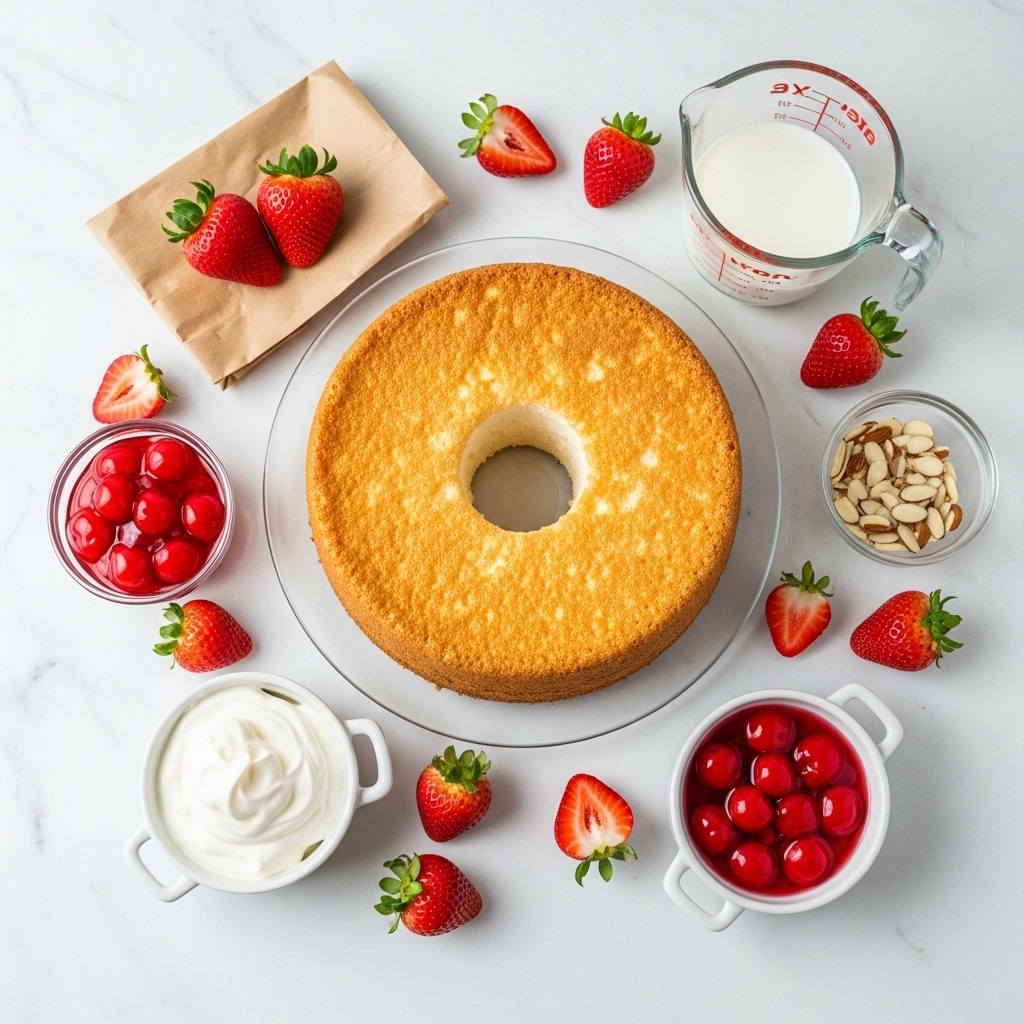The image shows a round angel food cake with a golden brown top and a light, fluffy texture, placed on a clear plate on a white marbled surface. Surrounding the cake are small white bowls filled with white whipped cream and cherry topping with bright red cherries in syrup. There is also a glass measuring cup with milk, a small glass bowl with sliced almonds, and scattered fresh red strawberries, some whole and some halved, around the setup. A brown paper package lies near the top left, along with two whole strawberries. The overall look is clean, bright, and organized, with soft layers and fresh ingredients visible photo taken with an iphone --ar 4:5 --v 7