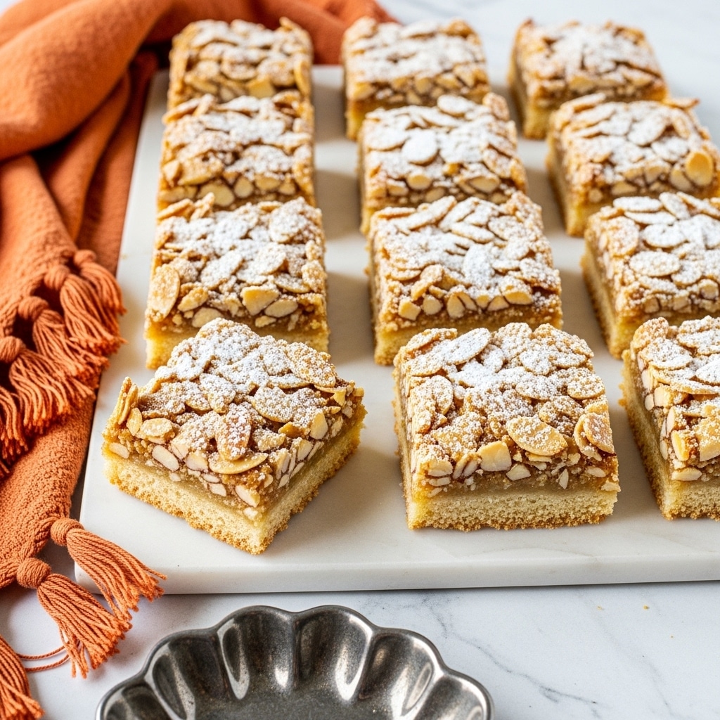 The image shows a stack of three square blondies with a crumbly texture, each about two layers thick with a golden-brown color. The top layer is slightly lighter and crumbly, topped with thin, light tan almond slices scattered evenly. The blondies are sitting on white marbled surface with more almond slices spread around them. The background is softly blurred, keeping the focus on the stack from a close-up angle. photo taken with an iphone --ar 4:5 --v 7