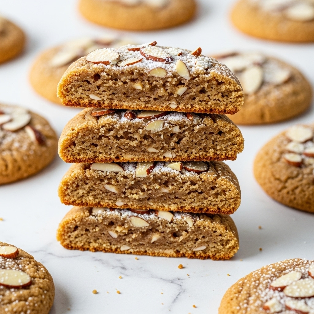 A stack of four almond cookies is shown on a white marbled surface, each cookie cut into a thick wedge with a soft, crumbly texture and light brown color. The top layer has slivered almonds scattered on it, with some sprinkled powdered sugar adding a light dusting of white. The cookies are arranged slightly tilted, showing the inside of each cookie's moist, dense crumb. Around the stack, more almond cookies can be seen scattered, all sitting on the white marbled surface. photo taken with an iphone --ar 4:5 --v 7