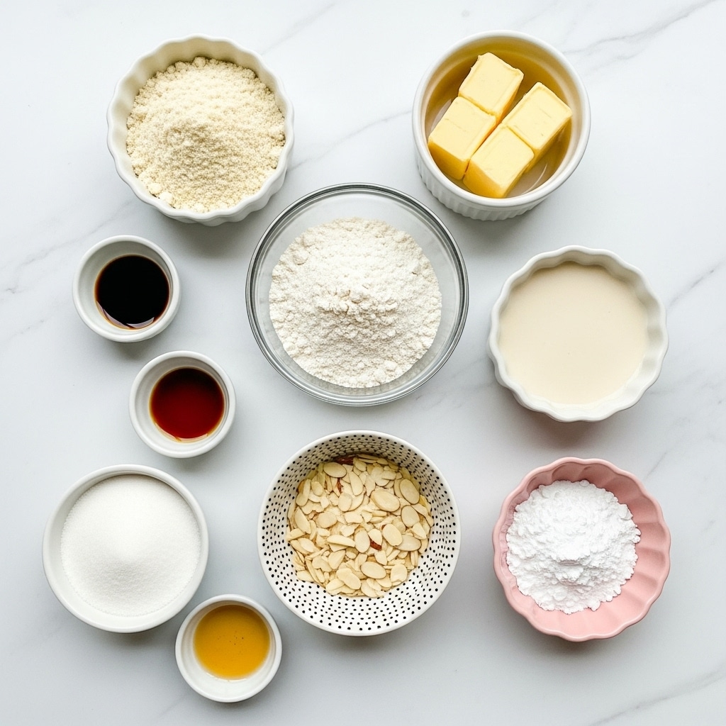 Several small white bowls are arranged on a white marbled surface holding different baking ingredients. The top right bowl contains a pale yellow, fine almond flour with a crumbly texture. Below it, a larger white bowl is filled with soft vegan butter cut into small cubes, pale yellow in color. To the left of the butter is a small bowl of white flour with powdery texture. Next to it is a bowl with clear liquid labeled almond extract. Above the flour is a bowl of light brown, dense brown sugar. On the bottom right, a white bowl with small blue dots holds thin, light brown flaked almonds. A small white bowl with white baking powder is near the bottom left, and next to it is a small amount of white liquid dairy-free milk in a tiny white bowl. photo taken with an iphone --ar 4:5 --v 7