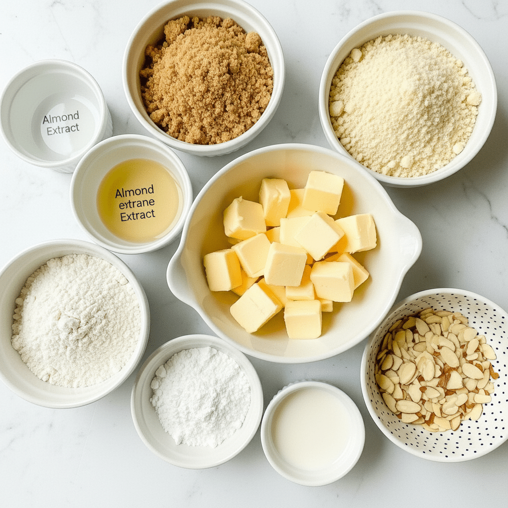 The image shows eight small white bowls on a white marbled surface, each holding a different ingredient for baking. Starting from the top left, there is a white scalloped bowl filled with pale almond flour, next to it on the right is a round white bowl filled with bright yellow vegan butter. Below these, a glass bowl holds white flour, and next to it is a small white scalloped bowl with light beige dairy-free milk. At the bottom left, a white bowl contains white sugar, above it a smaller white bowl contains dark brown vanilla extract, and below that is a small white bowl with clear almond extract. In the center, a white bowl with black dots contains sliced almonds in pale beige color. Finally, a pink scalloped bowl at the bottom right holds white baking powder. Each bowl shows clear texture and contrast between the fine powders, liquids, and sliced nuts, all arranged neatly on the white marbled surface photo taken with an iphone --ar 4:5 --v 7