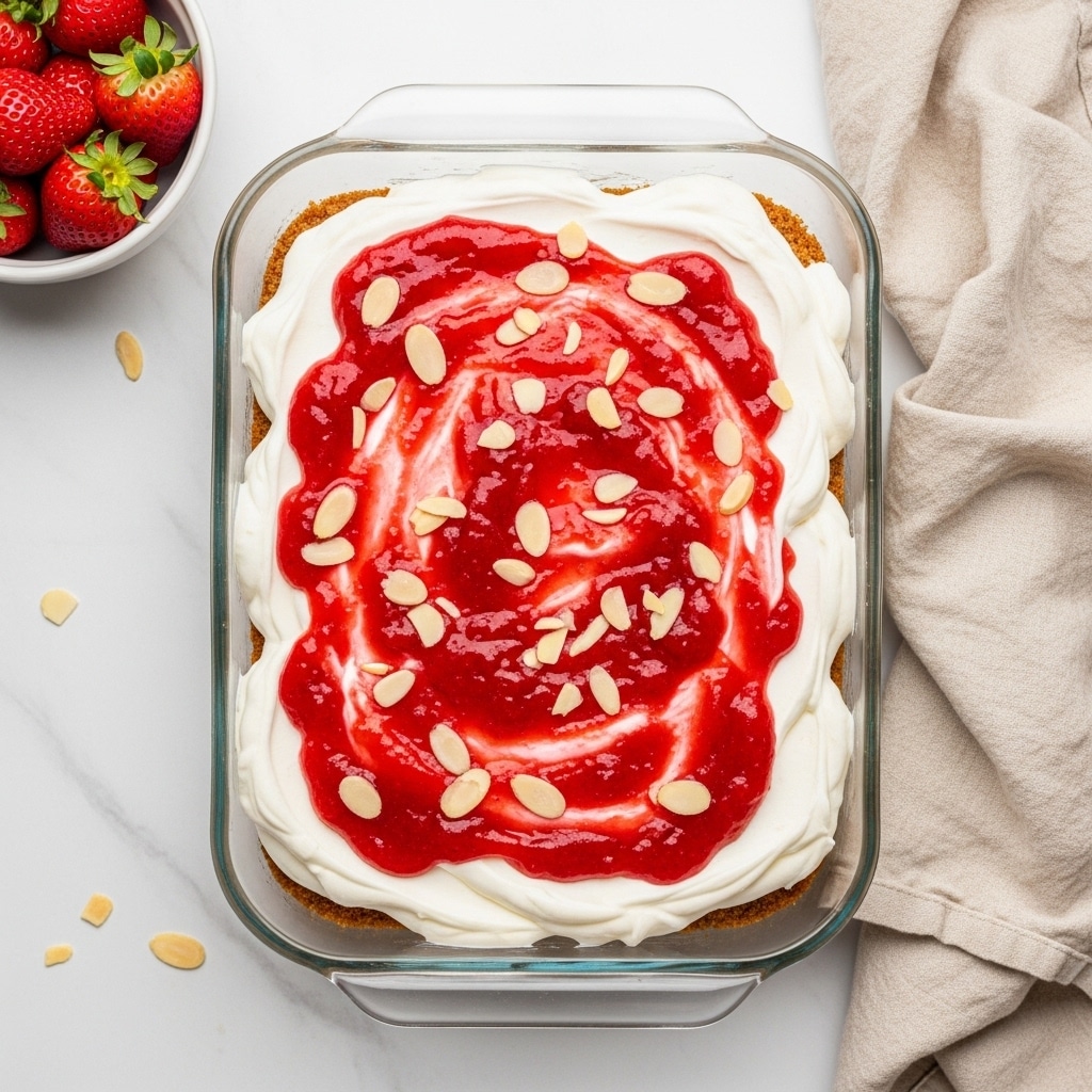 A layered dessert in a clear glass baking dish is shown from above, placed on a white marbled surface. The bottom layer, visible at the edge, is a crumbly light brown base. On top of this is a thick layer of white cream that looks smooth and fluffy. Over the cream, there is a bright red strawberry topping in a slightly chunky sauce, spread unevenly to create a marbled effect with the cream. Scattered on top are thin, light brown almond slices adding texture and color contrast. Nearby, a white bowl holds whole fresh strawberries, and a beige cloth is partially visible to the right. Photo taken with an iphone --ar 4:5 --v 7