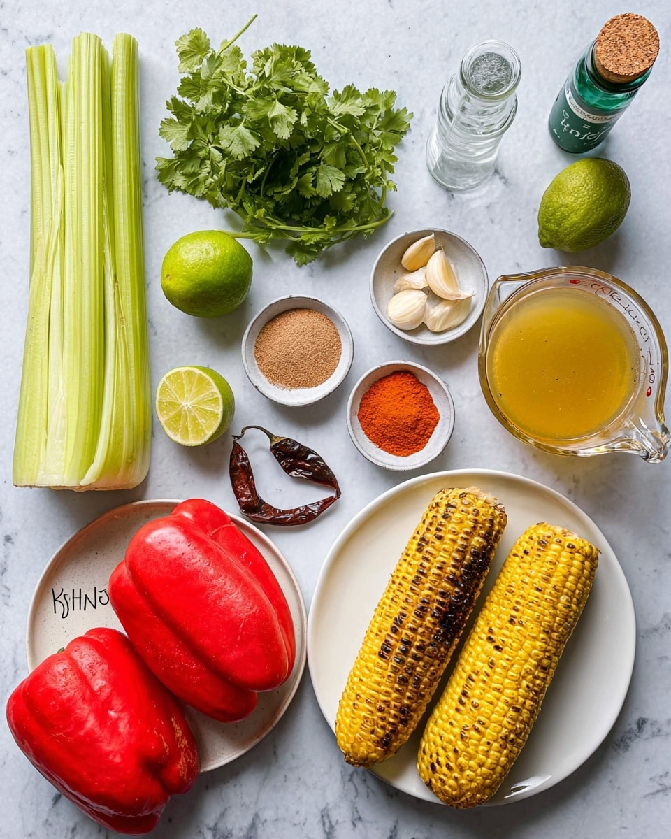 The image shows a flat lay of fresh cooking ingredients on a white marbled surface. On the left, there are three pale green celery stalks and a bunch of green cilantro with delicate leaves, next to two whole green limes. Below the limes is a small pale yellow onion and three garlic cloves arranged vertically. To the right of the garlic are two small white bowls; one contains light brown ground spices, and the other holds bright orange-red powder. Next to these bowls is a white plate filled with two large, smooth, roasted red bell peppers. In the bottom right corner, two grilled yellow corn cobs with dark char marks lie side by side on a white plate. Center-left is a clear glass measuring cup filled halfway with a golden broth, with a small dark dried chili on a small white plate sitting beside it. A small green glass bottle with cork top and a pair of clear salt and pepper shakers complete the setup. All the items are neatly spaced with clear textures visible. photo taken with an iphone --ar 4:5 --v 7