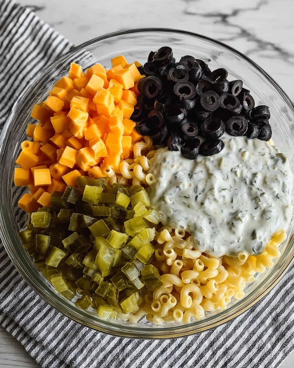 In a clear glass bowl, there are five visible layers arranged side by side. Starting from the top left, there are small, orange cheese cubes with a smooth texture. Next to the cheese, moving clockwise, are shiny, black sliced olives. To the right of the olives, a creamy white dressing with small herb flecks sits on top of a layer of pale yellow elbow macaroni noodles. Below the dressing, at the bottom left of the bowl is a pile of diced green pickles with a slightly glossy appearance. The bowl is placed on a white marbled surface with a striped cloth underneath. photo taken with an iphone --ar 4:5 --v 7