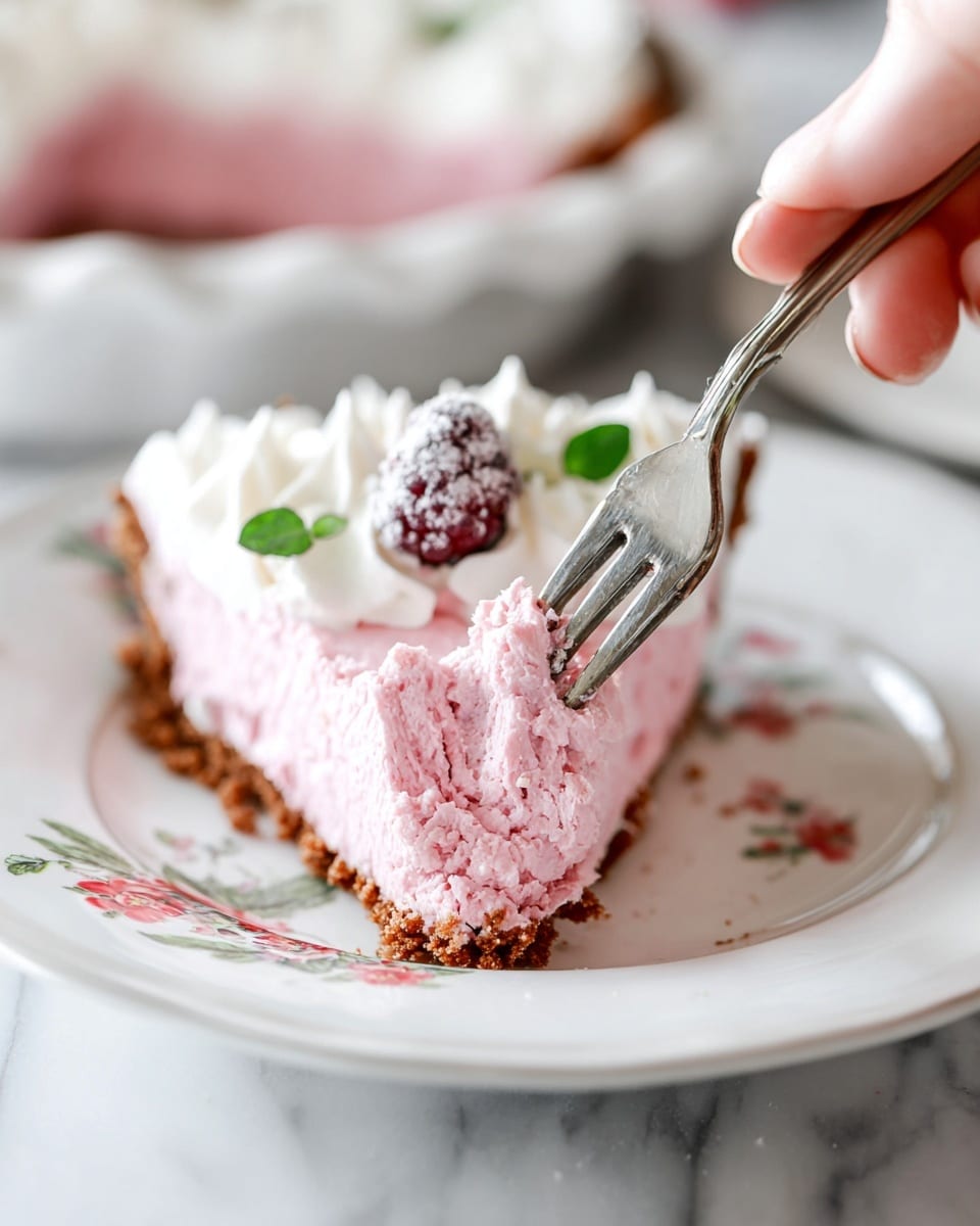 The image shows a slice of pink mousse pie on a white plate with a floral pattern. The pie has three layers: a crumbly brown crust at the bottom, a thick, airy pink mousse filling in the middle, and a white whipped cream topping with two sugared berries and small green leaves on top. A woman's hand holding a fork is about to take a bite, pressing into the pink mousse layer. In the background, the rest of the pie sits in a white pie dish on a white marbled surface. photo taken with an iphone --ar 4:5 --v 7