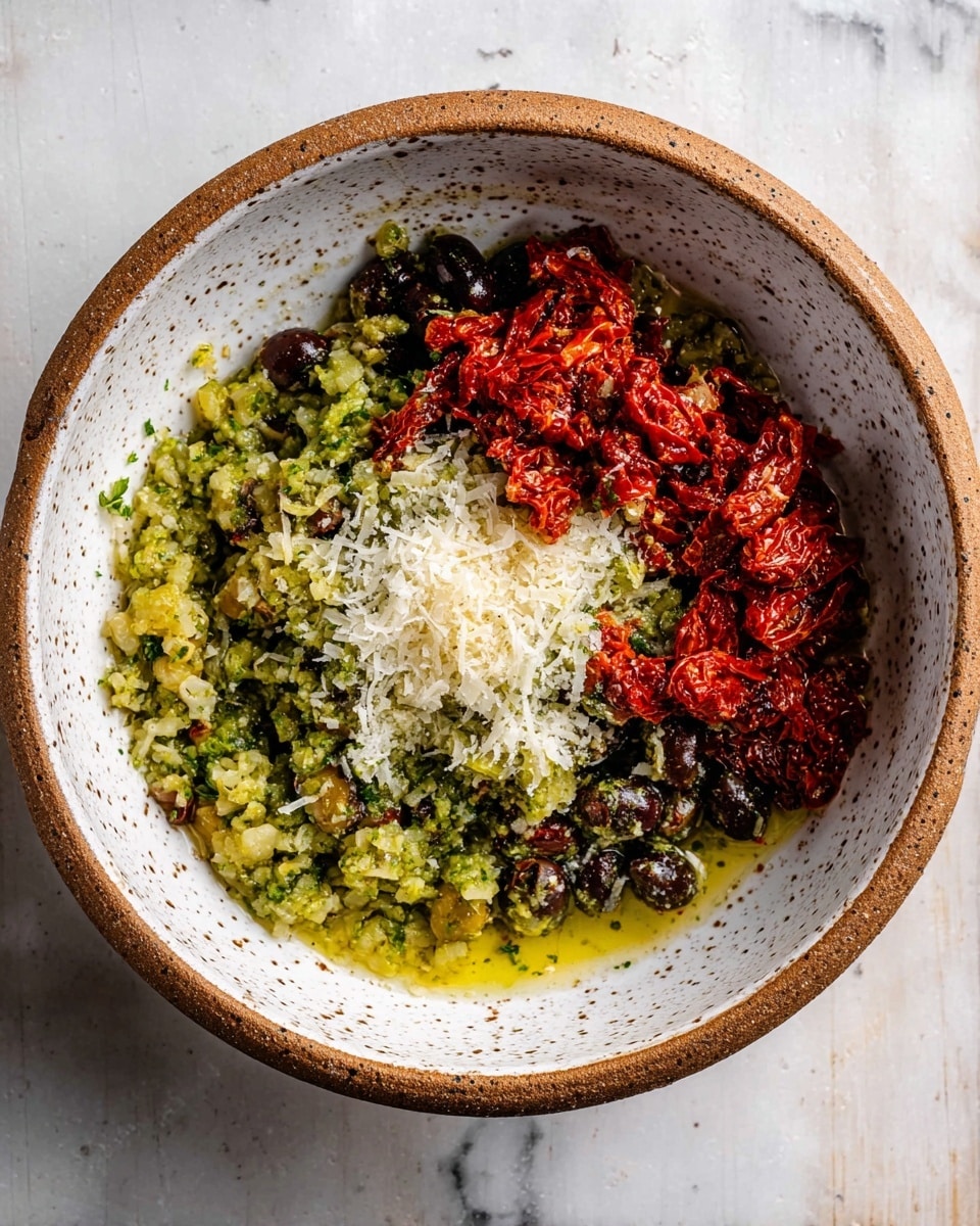 A white speckled bowl holds a mixture of finely chopped bright green olives and dark green olives arranged in sections on opposite sides. Near the top are two piles of chunky, deep red sun-dried tomatoes with visible seeds. In the center, there is a heap of shredded white cheese sprinkled with coarse salt crystals, adding texture and shine. The mixture sits in a light layer of golden olive oil that glistens around the edges. The bowl is placed on a white marbled surface, highlighting the colors inside. Photo taken with an iphone --ar 4:5 --v 7