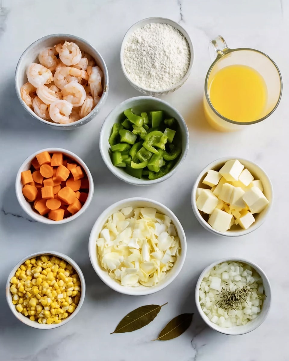 This image shows a group of small white bowls on a white marbled surface, each holding a different cooking ingredient. From left to right, there is a bowl with raw shrimp, a bowl with flour, a bowl with a pat of butter, a bowl filled with cut green bell peppers, a bowl with corn kernels and pieces of corn cob, a bowl with chopped carrots, a bowl of diced white onions, a bowl of minced garlic mixed with chopped herbs, and a bowl with a yellow liquid that looks like melted butter or oil. There is also a small glass of cream and a tall glass of orange juice placed between the bowls. A single dried bay leaf is lying directly on the white marbled surface below the bowls. Photo taken with an iphone --ar 4:5 --v 7