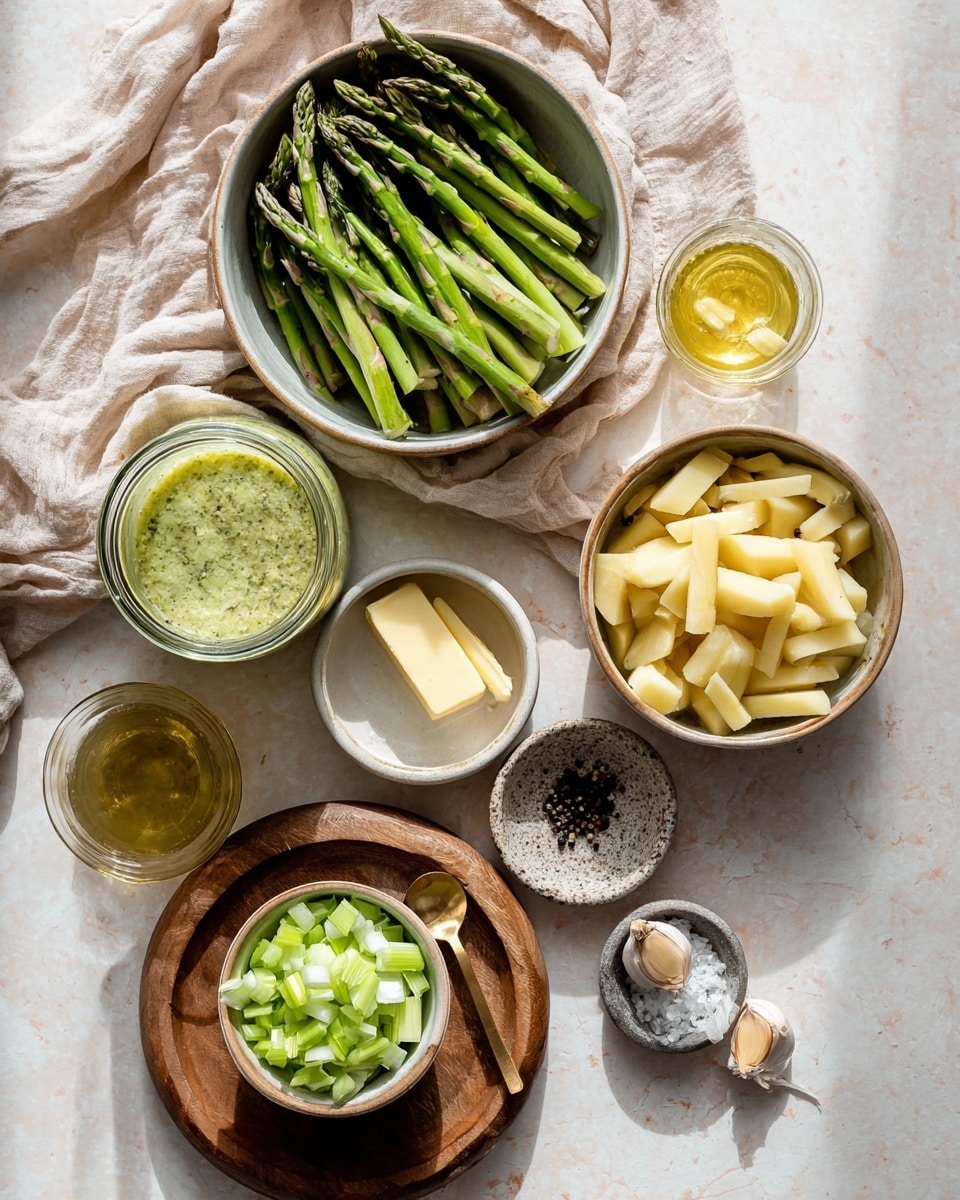 A flat lay image of six bowls and a glass jar with fresh cooking ingredients arranged on a soft beige cloth over a white marbled surface; the largest bowl in the upper left contains green asparagus stalks cut into medium pieces with visible tips, the glass jar below it holds a light green herb sauce with a slightly textured surface; to the right of the jar, a bowl contains light tan peeled potato sticks cut into chunky shapes, near the bottom right corner a small bowl is filled with finely chopped white onions; a round wooden tray in the center-right holds a small bowl with pale green chopped celery with a gold spoon, adjacent to it a small bowl with soft butter, a small bowl with light oil, a garlic clove, and a few black peppercorns in a stone dish; the background is softly lit and clean photo taken with an iphone --ar 4:5 --v 7