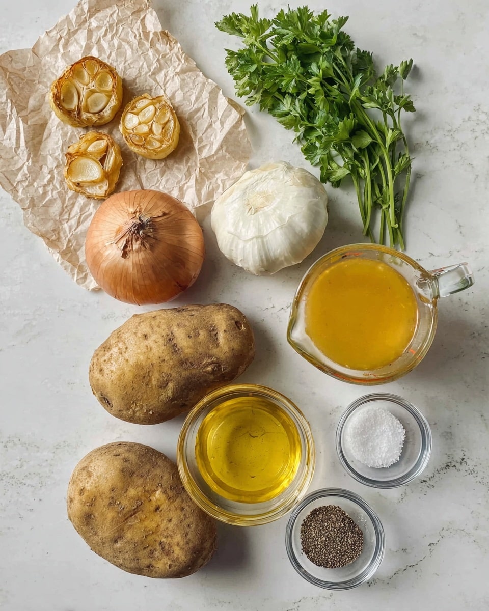 The image shows cooking ingredients arranged on a white marbled surface. There are two large potatoes with rough brown skin at the bottom, above them two cloves of roasted garlic placed on crumpled parchment paper on the left side. Near the center is a whole brown onion and a whole white garlic bulb. Above the onion is a small bunch of fresh green parsley. To the right, there is a clear glass measuring cup filled with yellow broth, below it a small clear bowl with golden olive oil. Near the bottom right are two small clear bowls, one filled with black pepper and the other with coarse salt. photo taken with an iphone --ar 4:5 --v 7