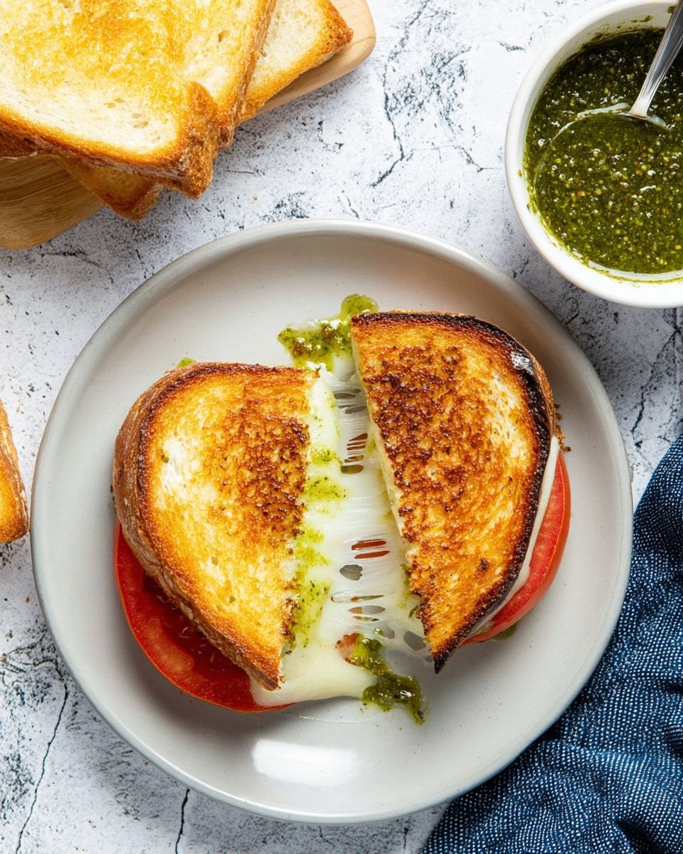 A grilled sandwich on a white plate with two slices of golden brown toasted bread showing a crispy texture; inside the sandwich, there are two layers visible, a bright red tomato slice at the bottom and a melted layer of white cheese stretched between the halves with green sauce drizzled on top of the cheese. To the upper right of the plate, there is a white bowl with a spoon inside filled with green pesto sauce, and to the upper left, there are two slices of untoasted white bread stacked. The setting is on a white marbled textured surface with a folded blue cloth near the bottom right corner. Photo taken with an iphone --ar 4:5 --v 7