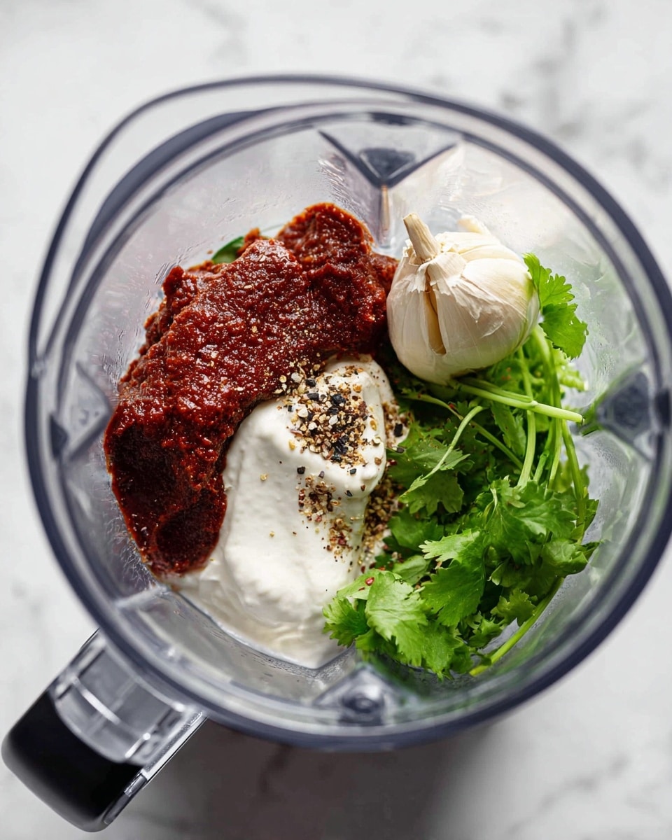 Inside a clear blender container on a white marbled surface, there are several ingredients layered side by side. On one side, there is a dollop of white creamy sauce, topped with dark red thick paste and a sprinkle of black pepper. Next to it, a clove of garlic rests on a white thick base, with green cilantro leaves and stems to the right. The ingredients create a colorful contrast inside the blender, showing white, green, red, and black textures and colors all together. Photo taken with an iphone --ar 4:5 --v 7