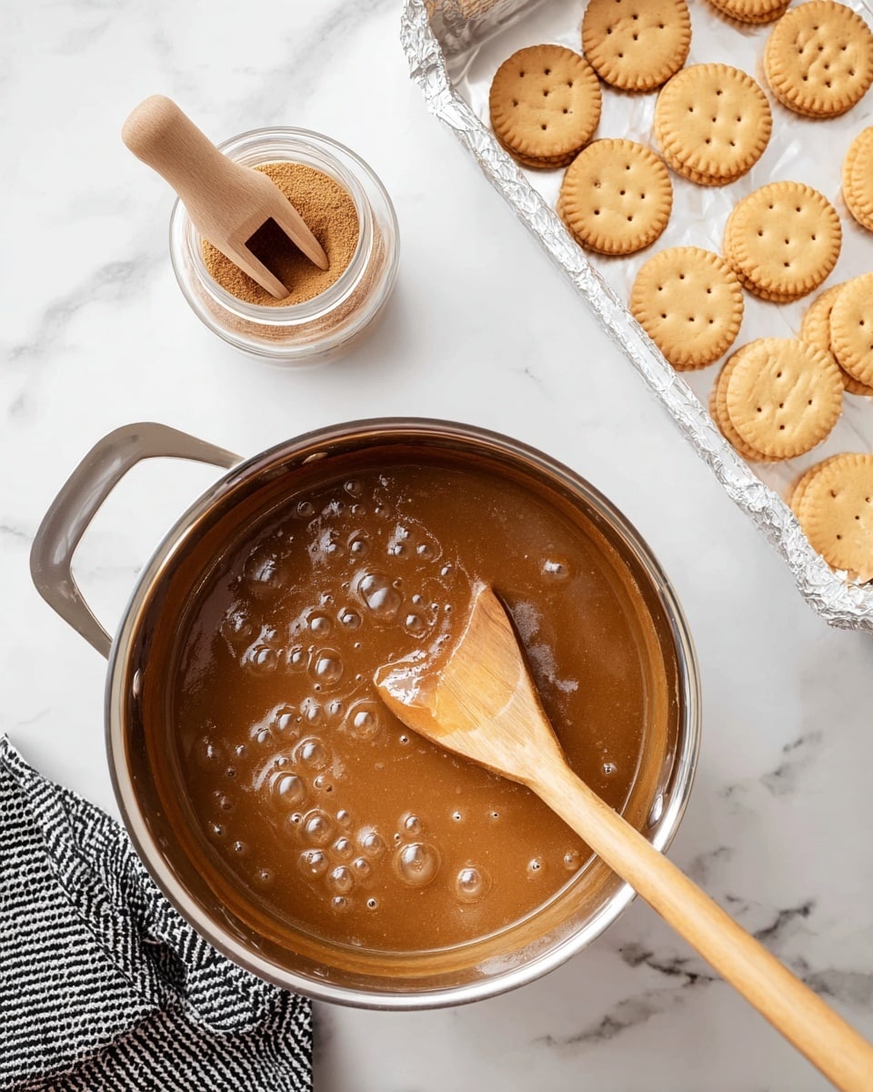 The image shows a cooking pot with a bubbling, thick brown sauce with a smooth texture and small bubbles on the surface, held by a wooden spoon inside it. To the top right, there is a white tray lined with foil holding round, light brown biscuits arranged neatly in rows, some stacked. To the top left, a small glass jar contains a fine brown powder with a wooden scoop resting inside. A black and white zigzag patterned cloth is partly visible at the bottom left corner on a white marbled surface. photo taken with an iphone --ar 4:5 --v 7