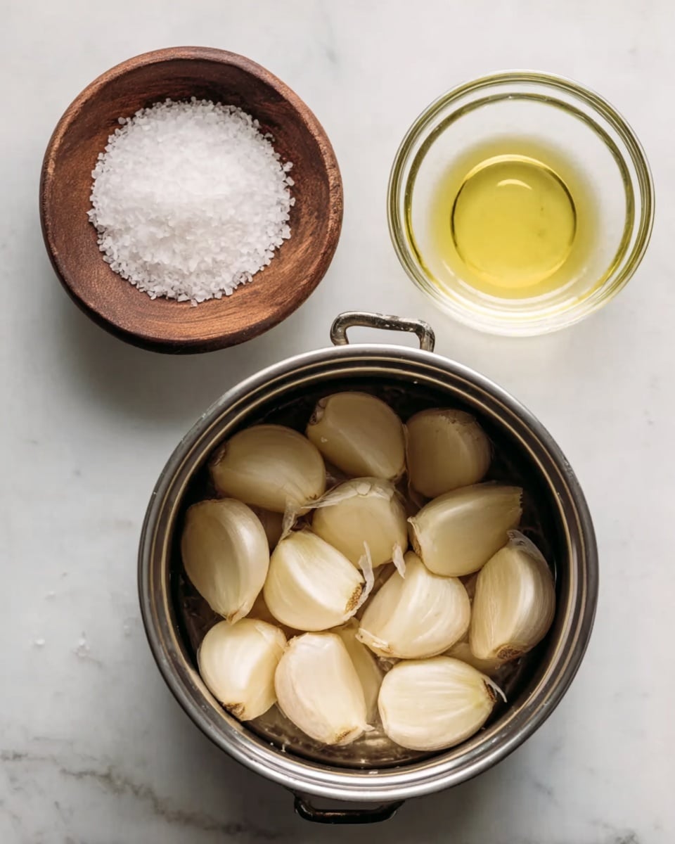 The image shows a top view of a small metal pot filled with several pieces of garlic arranged closely together, their pale beige color and smooth texture standing out against the shiny dark metal. To the top left of the pot is a round wooden bowl filled with coarse white salt, and to the top right is a small clear glass bowl containing light yellow oil. All items are placed on a white marbled surface, creating a clean and bright backdrop. photo taken with an iphone --ar 4:5 --v 7