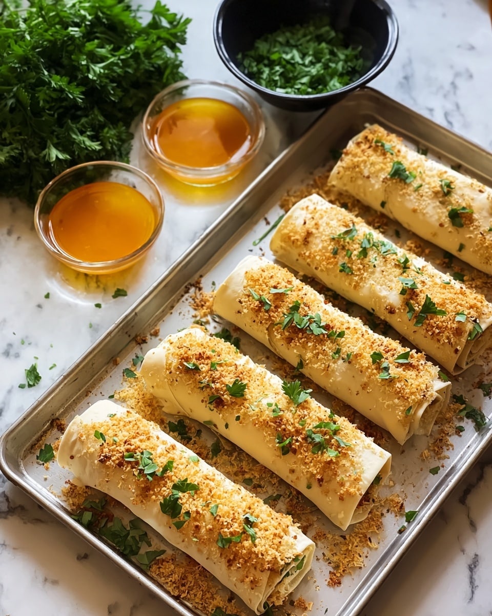 The image shows six rolled pastry pieces placed neatly in two rows on a baking sheet. Each roll has a light golden color with a slightly shiny surface and is topped with a crumbly, golden-brown breadcrumb mix sprinkled with small green herb leaves. The baking sheet rests on a white marbled surface. On the left side of the sheet, there is a bunch of fresh parsley, and behind the rolls are two small glass bowls filled with a golden-orange sauce. In the upper background, a black bowl is filled with finely chopped green herbs. The photo taken with an iphone --ar 4:5 --v 7