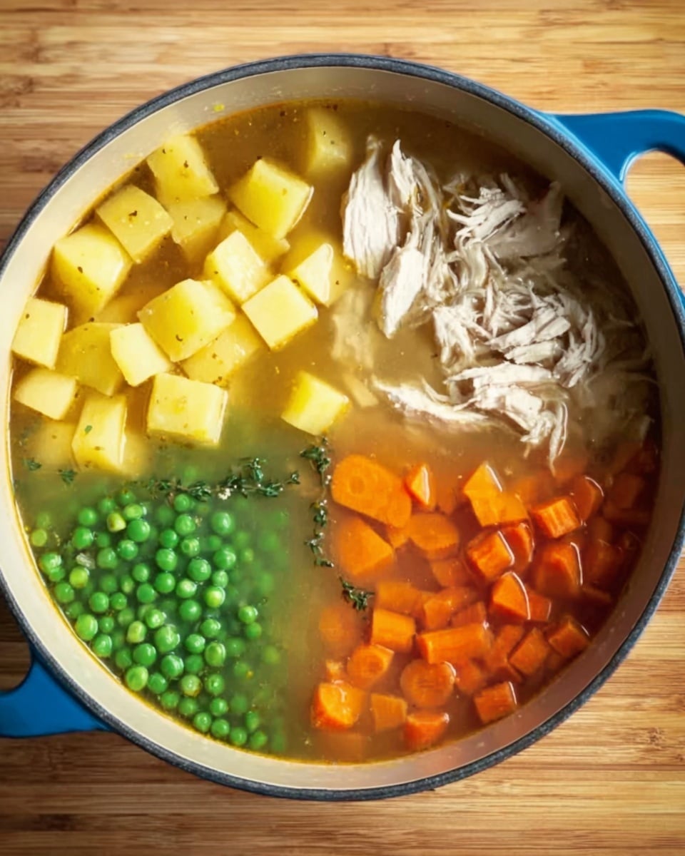 The image shows a blue pot filled with clear broth divided into four sections. The top left section has small yellow potato cubes, the top right has shredded white chicken, the bottom right holds bright green peas, and the bottom left contains orange carrot cubes. The pot is placed on a light wooden surface. The broth is clear and light brown, highlighting the colors and textures of the ingredients inside. photo taken with an iphone --ar 4:5 --v 7
