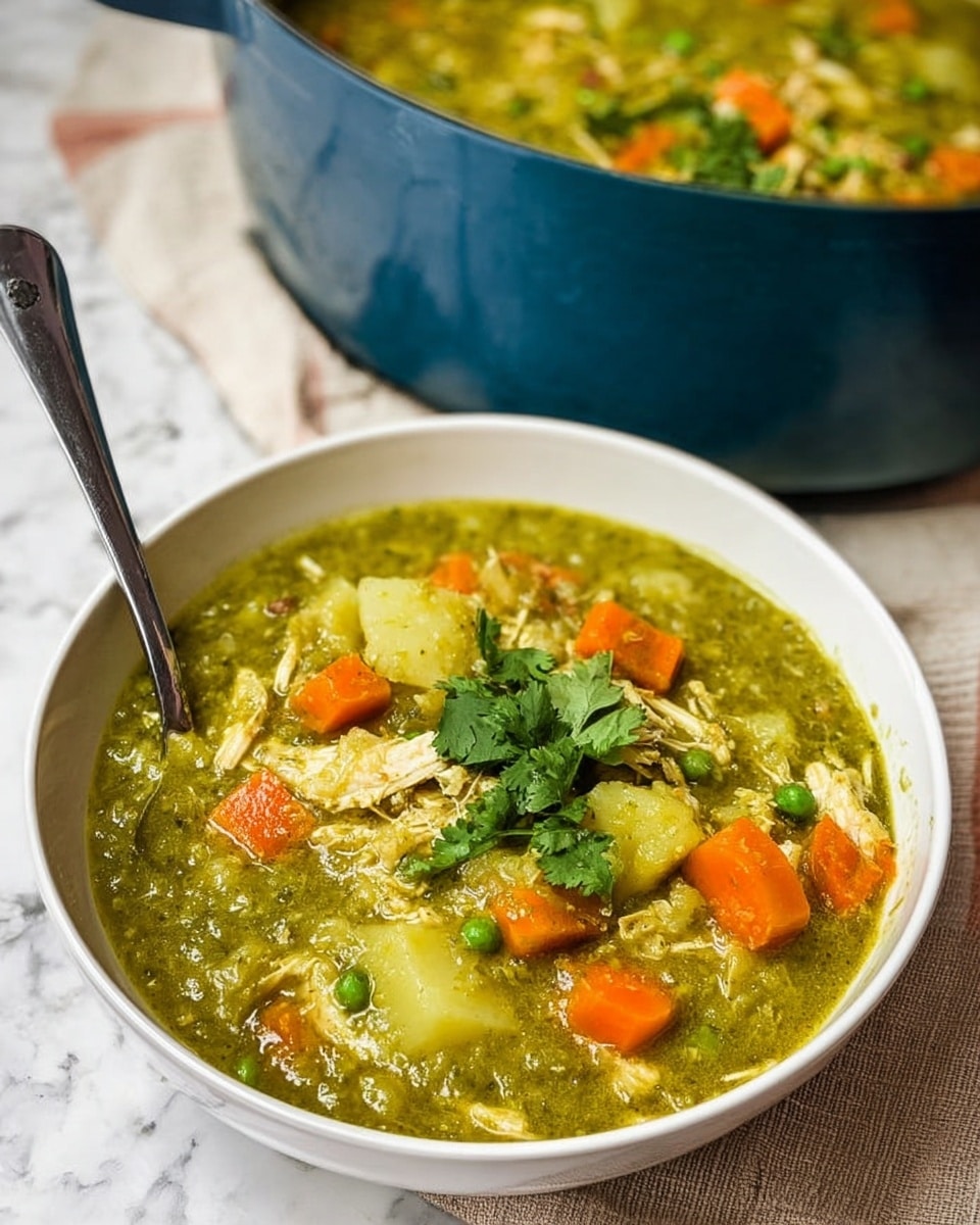 The image shows a white bowl filled with thick green soup that has visible chunks of orange carrots, light yellow potatoes, shredded light-colored chicken pieces, and some green peas mixed throughout. The soup has a slightly chunky texture with fresh cilantro leaves on top as garnish. A silver spoon is placed inside the bowl on the left side. Behind the bowl, there is a large blue pot filled with the same green soup on a white marbled surface with a beige and white cloth partly visible under the bowl. The scene is brightly lit, highlighting the fresh ingredients in the soup. photo taken with an iphone --ar 4:5 --v 7