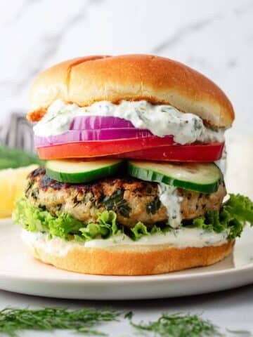 Chicken Burger with Feta Cheese, Spinach, and Tzatziki Recipe
