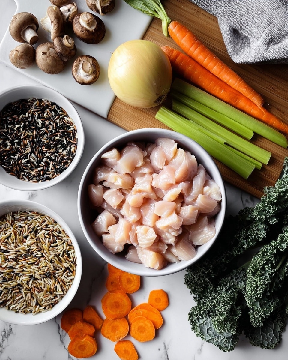 The image shows a white bowl in the center filled with raw, light pink diced chicken pieces. To the left of it, there is a white bowl with dark and light brown wild rice grains. Above the chicken bowl, a whole round yellow onion sits on a white cutting board that rests on a surface with a white marbled texture. To the top left, a white bowl filled with brown mushrooms is visible. To the right of the chicken bowl, there are whole orange carrots and green celery stalks, some partially peeled and some whole, with a few carrot slices scattered below. At the bottom right, there is a bunch of dark green leafy kale. A white and gray cloth is seen at the top right corner. Photo taken with an iphone --ar 4:5 --v 7