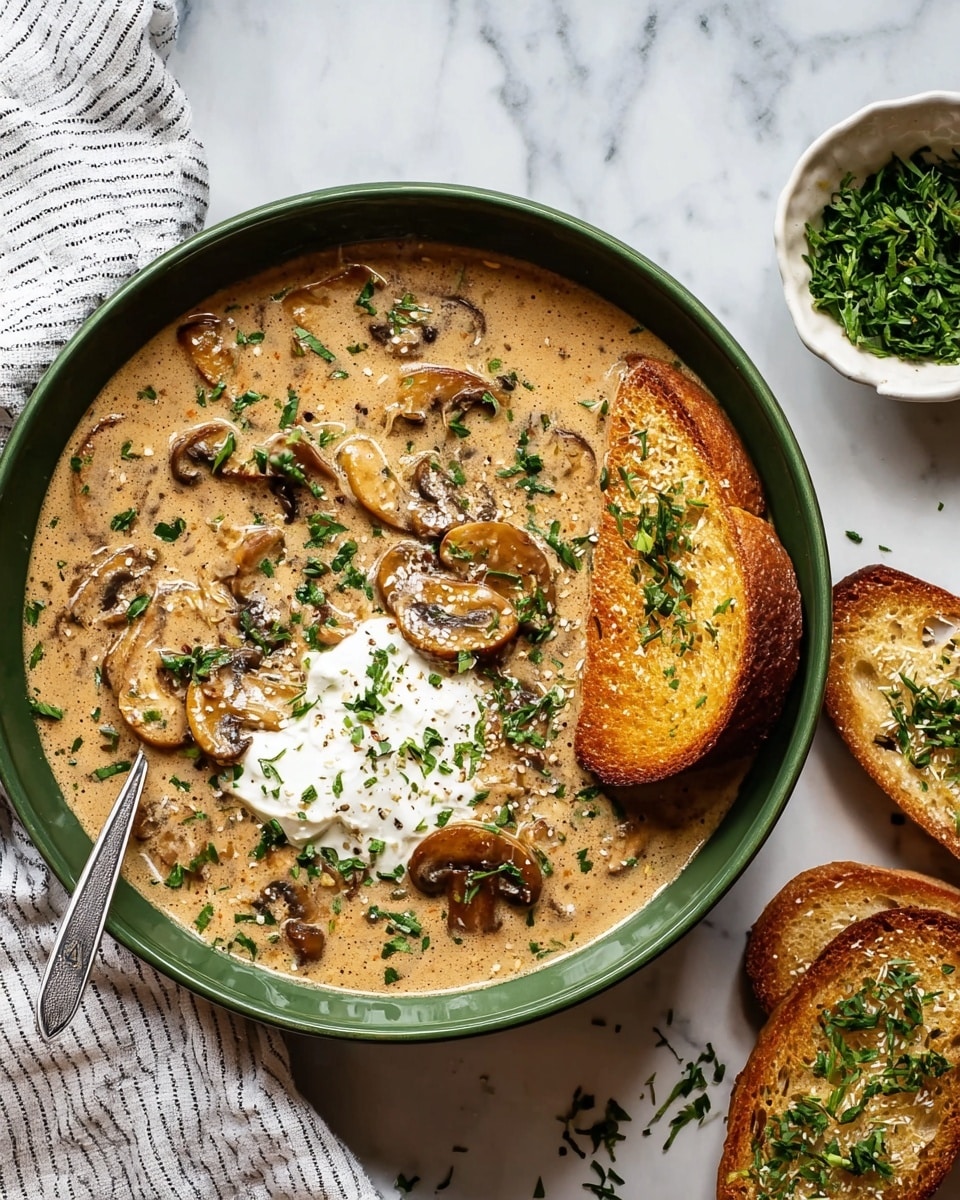 A deep green bowl filled with creamy beige mushroom sauce that has visible sliced mushrooms throughout. On the right side of the bowl, there is a golden brown toasted bread slice partially covered by the sauce. In the center, there is a dollop of white cream topped with small green herb pieces scattered across the sauce and cream. A silver spoon rests inside the bowl on the left side, laying over the sauce. To the right of the bowl are two extra toasted bread slices with green herbs scattered on and around them. In the top right corner, a small white bowl holds chopped green herbs. The background is a white marbled surface with a white and black striped cloth partially visible on the left side. photo taken with an iphone --ar 4:5 --v 7
