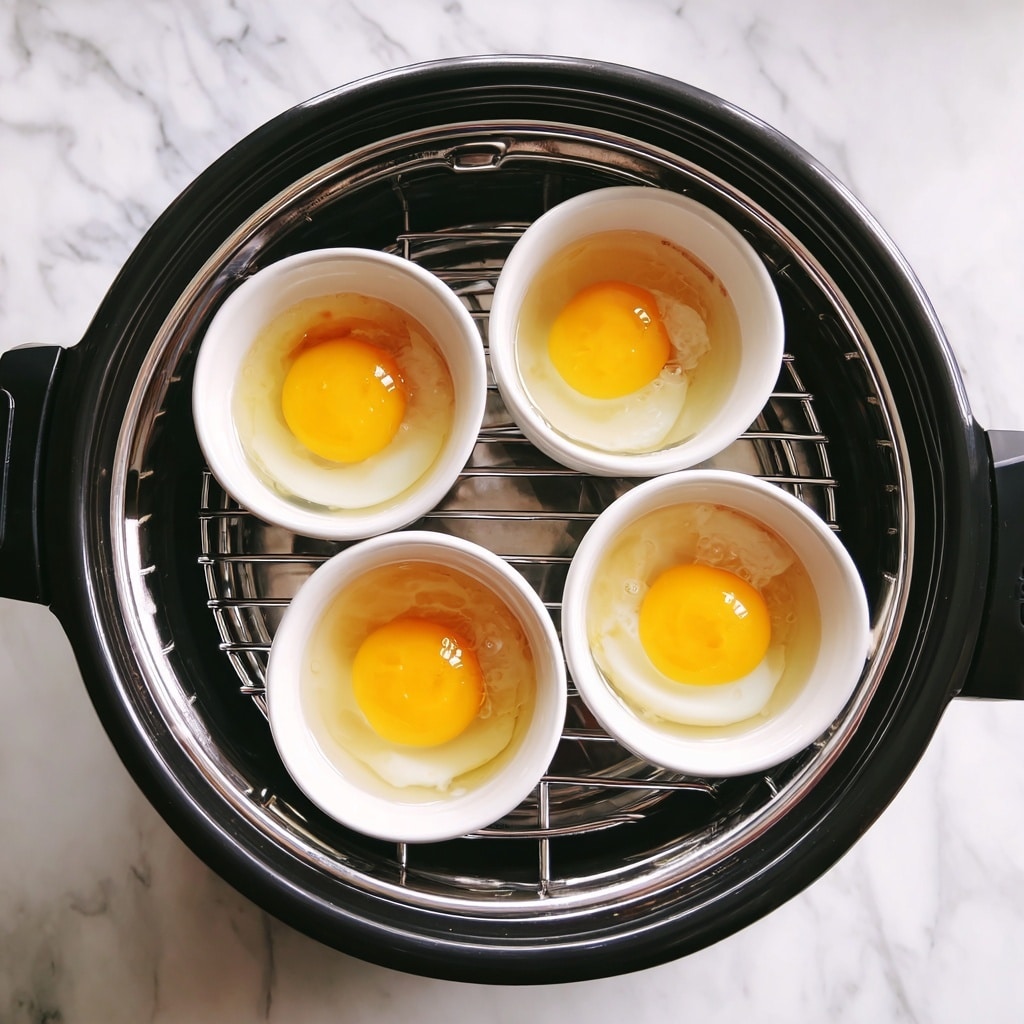 The image shows four white round cups inside a black electric cooker with a silver metal inside. Each cup has one raw egg, showing a bright yellow yolk in the middle with clear egg whites around it. The cups are placed on a metal wire rack inside the cooker. The cooker sits on a white marbled surface. photo taken with an iphone --ar 4:5 --v 7
