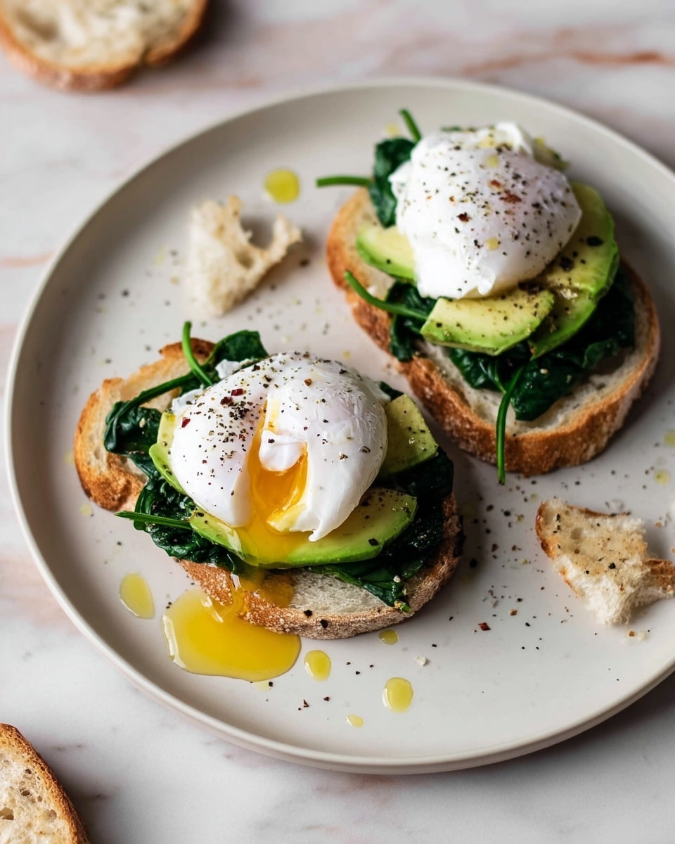 Two slices of toasted bread lie on a white plate, each topped with a layer of cooked dark green spinach, followed by sliced light green avocado. On top of the avocado sits a poached egg with white, smooth texture, and a slightly runny yolk leaking out from one. There are small flakes of black pepper sprinkled over the eggs and drops of golden olive oil on the plate, which rests on a white marbled surface. Pieces of torn bread are placed around the plate edges. Photo taken with an iphone --ar 4:5 --v 7