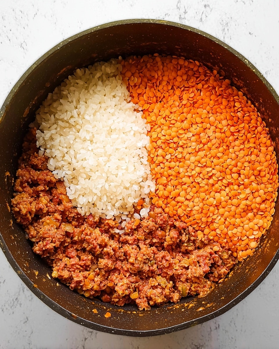 The image shows a dark cooking pot with three main layers inside. At the bottom, there is a textured layer of cooked ground meat mixed with spices, giving a brownish-red color with small bits and a slightly oily look. On top of this base, on one side, there is a neat pile of uncooked white rice grains, small and smooth, forming a compact oval shape. Next to the rice, covering the other half of the pot, are bright orange split lentils, round and dry, tightly packed and contrasting vividly against the darker meat below. The pot is set against a white marbled texture surface. Photo taken with an iphone --ar 4:5 --v 7