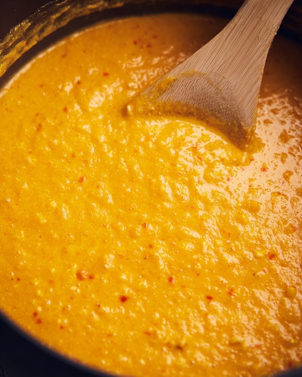 A close-up view of a thick, orange-yellow sauce with small visible bits, stirred by a light wooden spoon. The sauce has a smooth yet slightly chunky texture with specks of darker orange and tiny brown spots, filling a dark pot. The surface below the pot is a white marbled texture. photo taken with an iphone --ar 4:5 --v 7