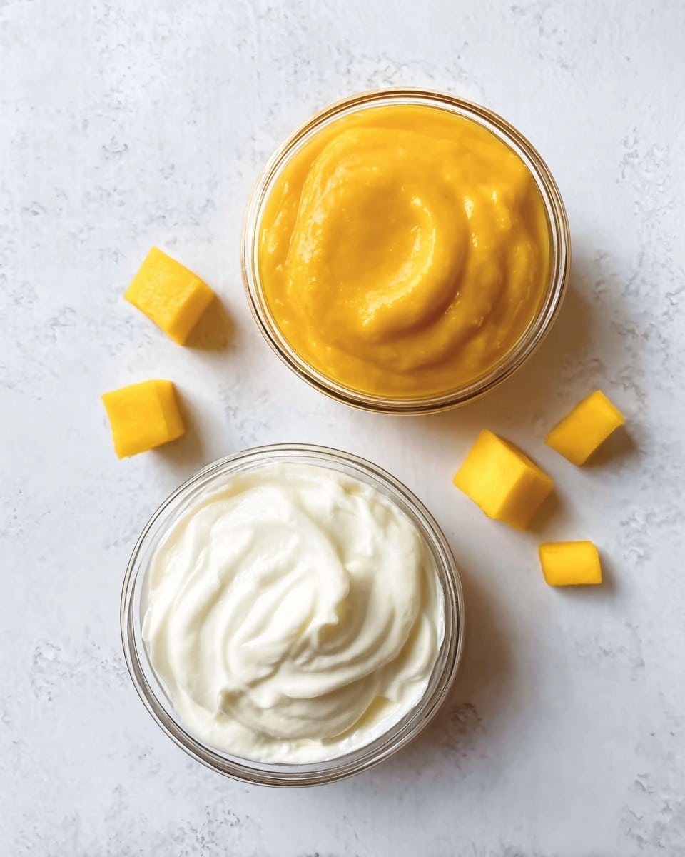 The image shows two small glass bowls on a white marbled surface. The bowl on the top right is filled with smooth, bright orange mango puree with a creamy texture. The bowl on the bottom left contains a thick, white cream with soft swirls on the surface. Around the bowls, small bright yellow mango cubes are scattered, adding a fresh look to the composition. Photo taken with an iphone --ar 4:5 --v 7