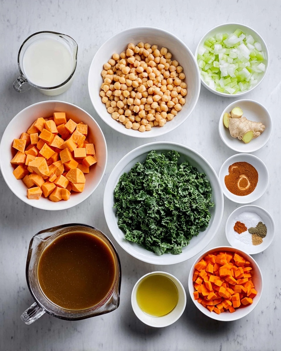 The image shows an overhead view of various ingredients in white bowls and a glass measuring cup, all placed on a white marbled surface. There are ten containers: a large white bowl filled with chopped orange sweet potatoes in the bottom left; a large white bowl with light brown chickpeas next to it; a large white bowl of chopped green kale on the right side; a medium white bowl with diced white onions in the center; a smaller white bowl with chopped celery above the onions; another small white bowl with chopped orange carrots to the right of the celery; a small white bowl with five different powdered spices arranged in sections on the top right; a small white bowl with fresh minced ginger above the spices; a small white bowl with minced garlic above the chickpeas; a small white bowl with salt at the top left; a small white bowl with golden olive oil between garlic and celery; and a pitcher of brown broth below the sweet potatoes. At the top left corner, there is a container of white coconut milk. The overall layout is neat and organized. photo taken with an iphone --ar 4:5 --v 7