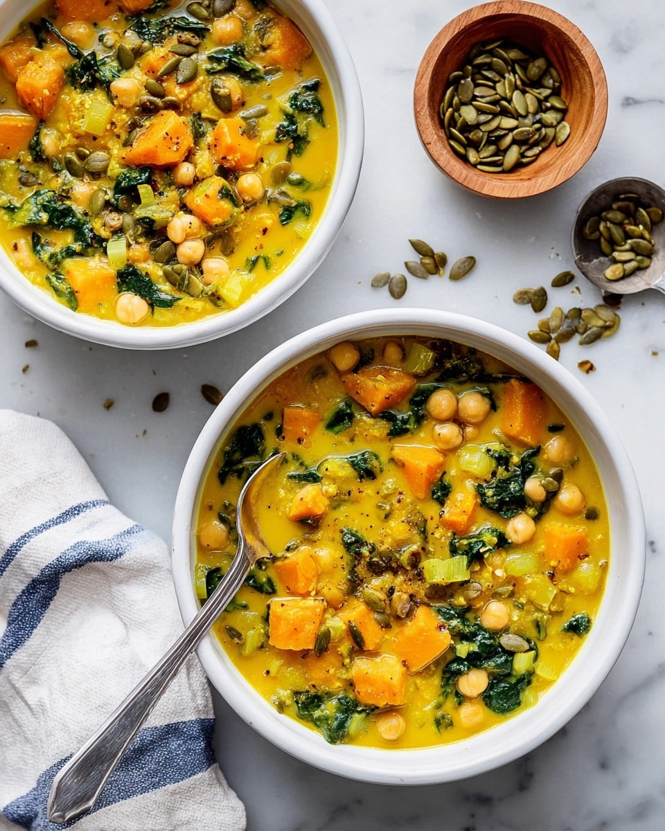 Two white bowls filled with thick yellow soup sitting on a white marbled surface. The soup has visible chunks of orange squash, round light beige chickpeas, dark green spinach leaves, and light green celery pieces mixed evenly throughout. Both bowls have a light sprinkling of green pumpkin seeds on top, and one bowl has a silver spoon resting in it. Nearby, there is a small wooden bowl filled with pumpkin seeds and part of a white and blue striped cloth. The image feels bright and fresh with natural sunlight lighting. Photo taken with an iphone --ar 4:5 --v 7