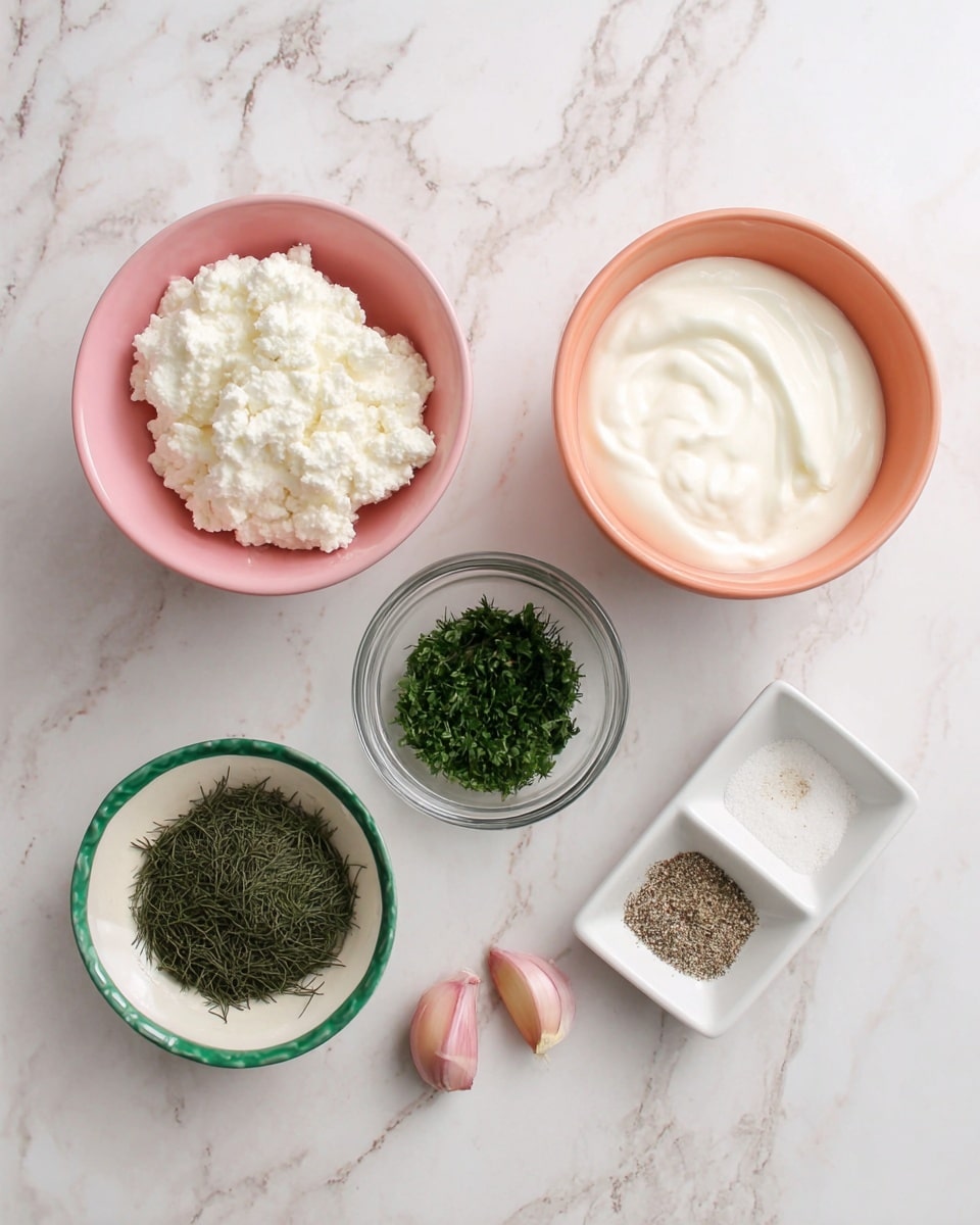 The image shows six containers of ingredients arranged on a white marbled surface. On the top left, there is a pink bowl filled with white cottage cheese that has a soft, lumpy texture. Next to it on the right is a coral bowl holding smooth, creamy white yogurt. To the far right, there is a clear glass bowl with chopped green herbs. Below the bowls, on the left, there is a small off-white dish with a green rim filled with dark green dried dill that looks fine and feathery. Next to that, on the right, is a small white square dish divided into two parts with white salt on the left and ground black pepper on the right. At the bottom center are two peeled cloves of light pink garlic. Photo taken with an iphone --ar 4:5 --v 7