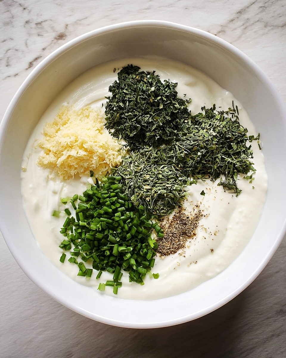 A white bowl filled with a creamy white base, topped with four distinct sections: finely chopped dark green herbs on the top right, bright fresh green chopped chives at the bottom right, a small pile of light yellow grated garlic or ginger on the top left, and a sprinkle of dark ground pepper on the bottom left. The bowl is placed on a white marbled surface. Photo taken with an iphone --ar 4:5 --v 7