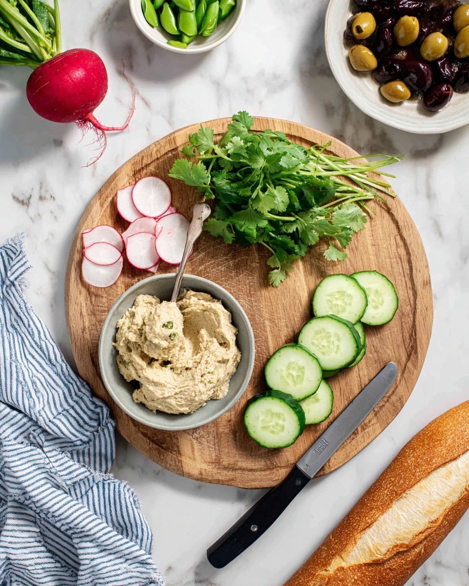 A round wooden cutting board with a small grey bowl of chunky beige spread at the bottom center, a spoon dipping into it. To the right, thin green cucumber slices stacked in a loose pile. Above the cucumbers, a small bunch of fresh green cilantro leaves. To the left of the board, thin red and white radish slices arranged neatly next to a whole radish with a red top and white bottom. A black-handled knife lies diagonally on the board to the right. The board sits on a white marbled surface with a long baguette at the bottom right and a white bowl with dark brown olives and a green bowl with green snap peas in the top part of the image. A blue and white striped cloth is positioned on the left side. Photo taken with an iphone --ar 4:5 --v 7
