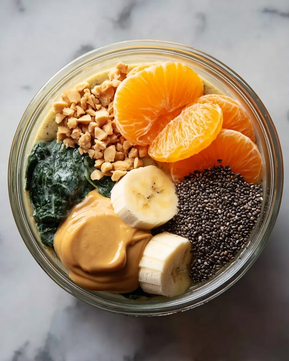 A clear bowl shows six different ingredients layered inside it on a white marbled surface. Starting from the top right, there is a pile of bright orange mandarin orange slices. Below them, a smooth dollop of light brown peanut butter sits next to two thick, light yellow banana slices with a white frozen banana cube beneath them. To the bottom left, there is a pile of dark green spinach with a creamy texture. Above the spinach, a small heap of chopped light brown peanuts rests beside a dense cluster of shiny black chia seeds. The bowl is round and transparent, showing all the ingredients clearly. photo taken with an iphone --ar 4:5 --v 7