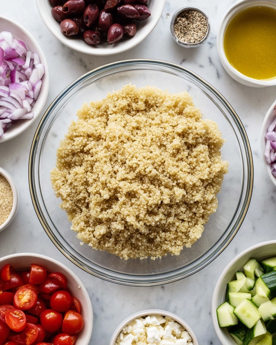The image shows a clear glass bowl filled with a single layer of cooked quinoa, which has a light beige color and a fluffy texture. Surrounding the bowl are smaller white bowls placed on a white marbled surface, containing halved cherry tomatoes with a rich red color, chopped cucumber pieces in light and dark green shades, sliced dark purple olives, finely chopped red onions with a pale purple hue, small white crumbly feta cheese, and a small bowl of yellow mustard vinaigrette dressing. There is also a small seasoning bowl with white and black pepper mix near the top left. The setup is neat and arranged for ingredient preparation photo taken with an iphone --ar 4:5 --v 7