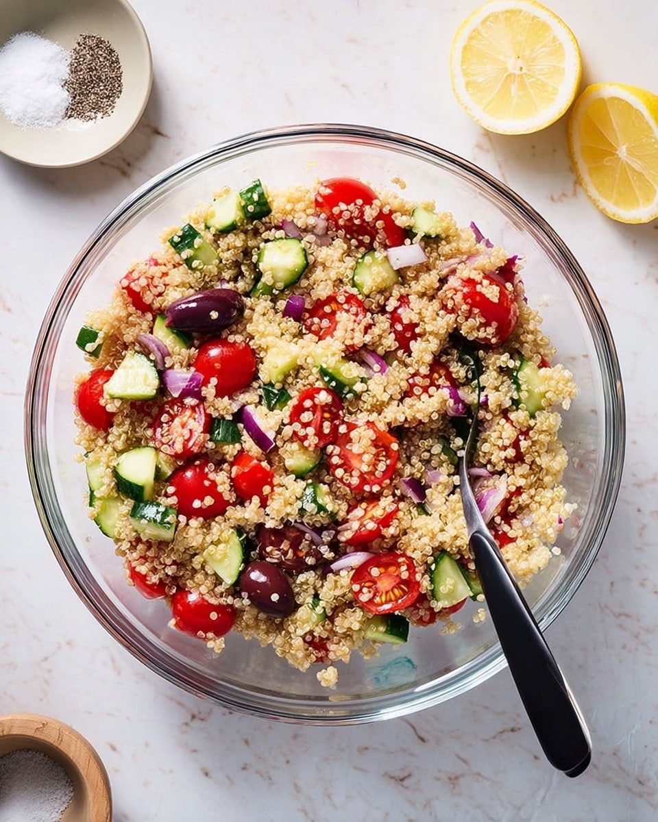 A clear glass bowl holds a colorful quinoa salad placed on a white marbled surface. The salad has three main layers: the base is light tan quinoa, mixed with bright red halved cherry tomatoes scattered evenly on top, along with small green cucumber chunks with dark green skin. Dark purple olives and small pieces of finely chopped red onion add spots of color throughout. A black spoon sits inside the bowl on the right side. In the background, two lemon wedges rest on the white marbled surface near the bowl, with a small bowl of white salt with black pepper visible to the top left. Photo taken with an iphone --ar 4:5 --v 7